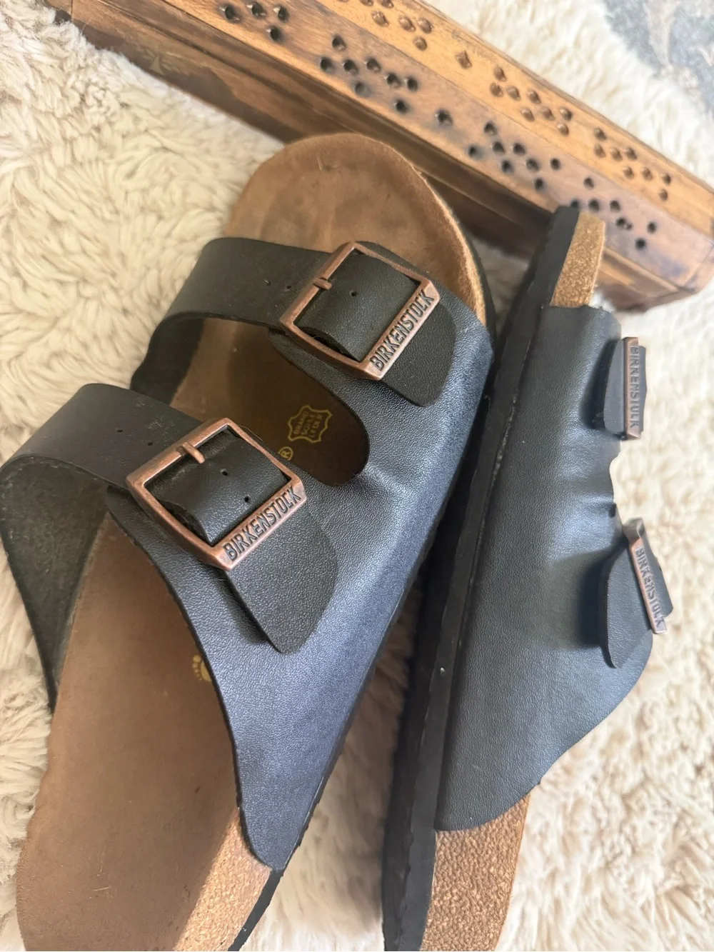 Birkenstock Men's Arizona  Black Leather Bronze Buckle  SZ 44 11M